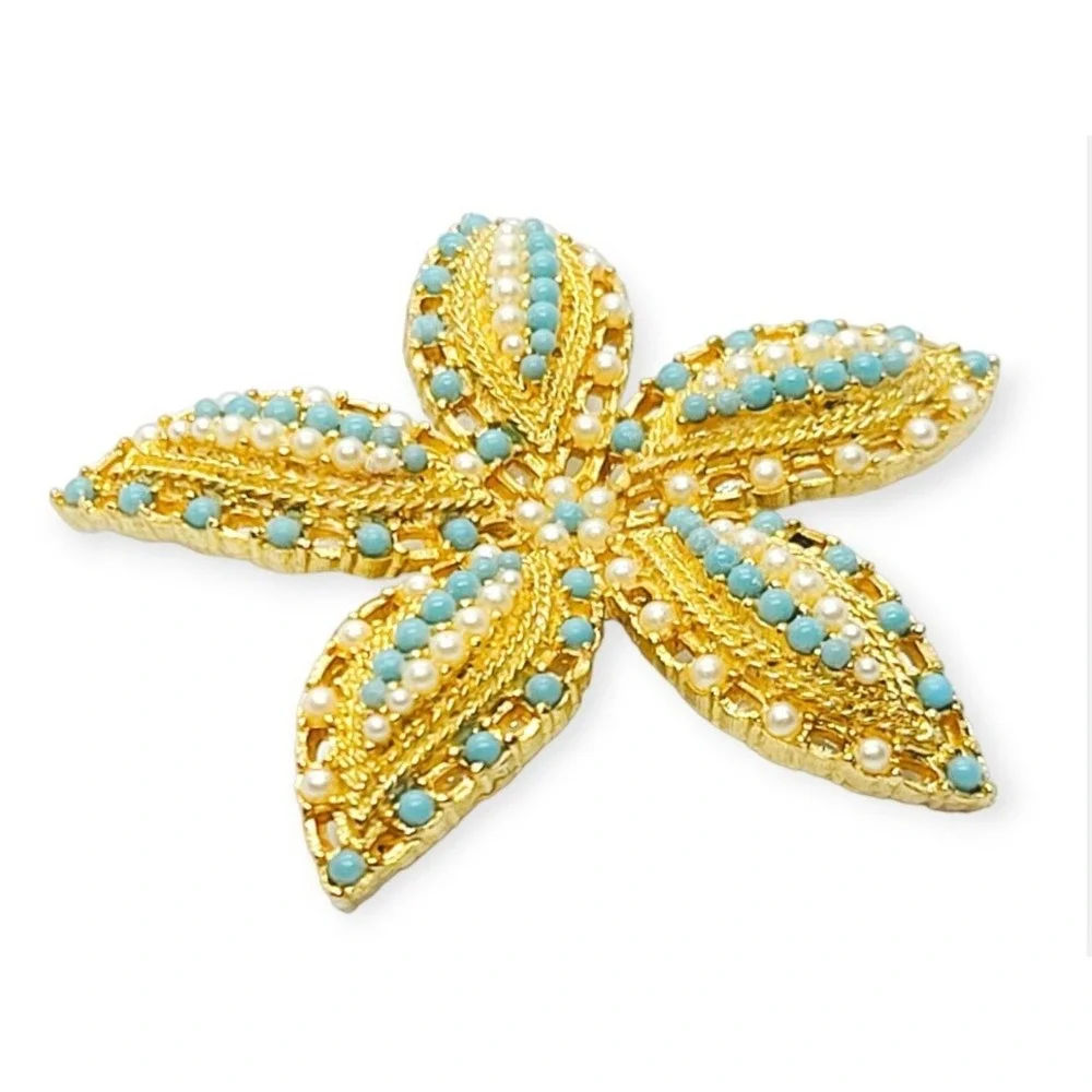 Vtg Sarah Coventry Gold Tone Faux Pearl & Turquoise Starfish Brooch Signed 2 1/4